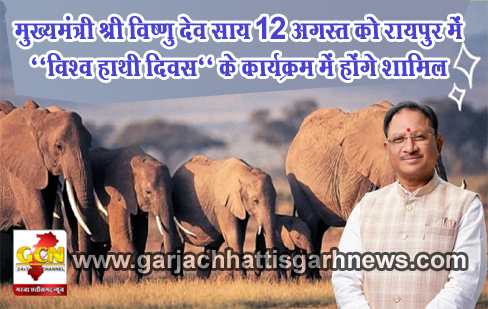 मुख्यमंत्री श्री विष्णु देव साय 12 अगस्त को रायपुर में ‘‘विश्व हाथी दिवस‘‘ के कार्यक्रम में होंगे शामिल मुख्यमंत्री श्री विष्णु देव साय 12 अगस्त को रायपुर में ‘‘विश्व हाथी दिवस‘‘ के कार्यक्रम में होंगे शामिल