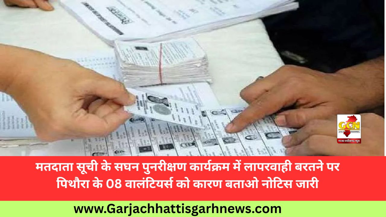 मतदाता सूची के सघन पुनरीक्षण कार्यक्रम में लापरवाही बरतने पर पिथौरा के 08 वालंटियर्स को कारण बताओ नोटिस जारी मतदाता सूची के सघन पुनरीक्षण कार्यक्रम में लापरवाही बरतने पर पिथौरा के 08 वालंटियर्स को कारण बताओ नोटिस जारी